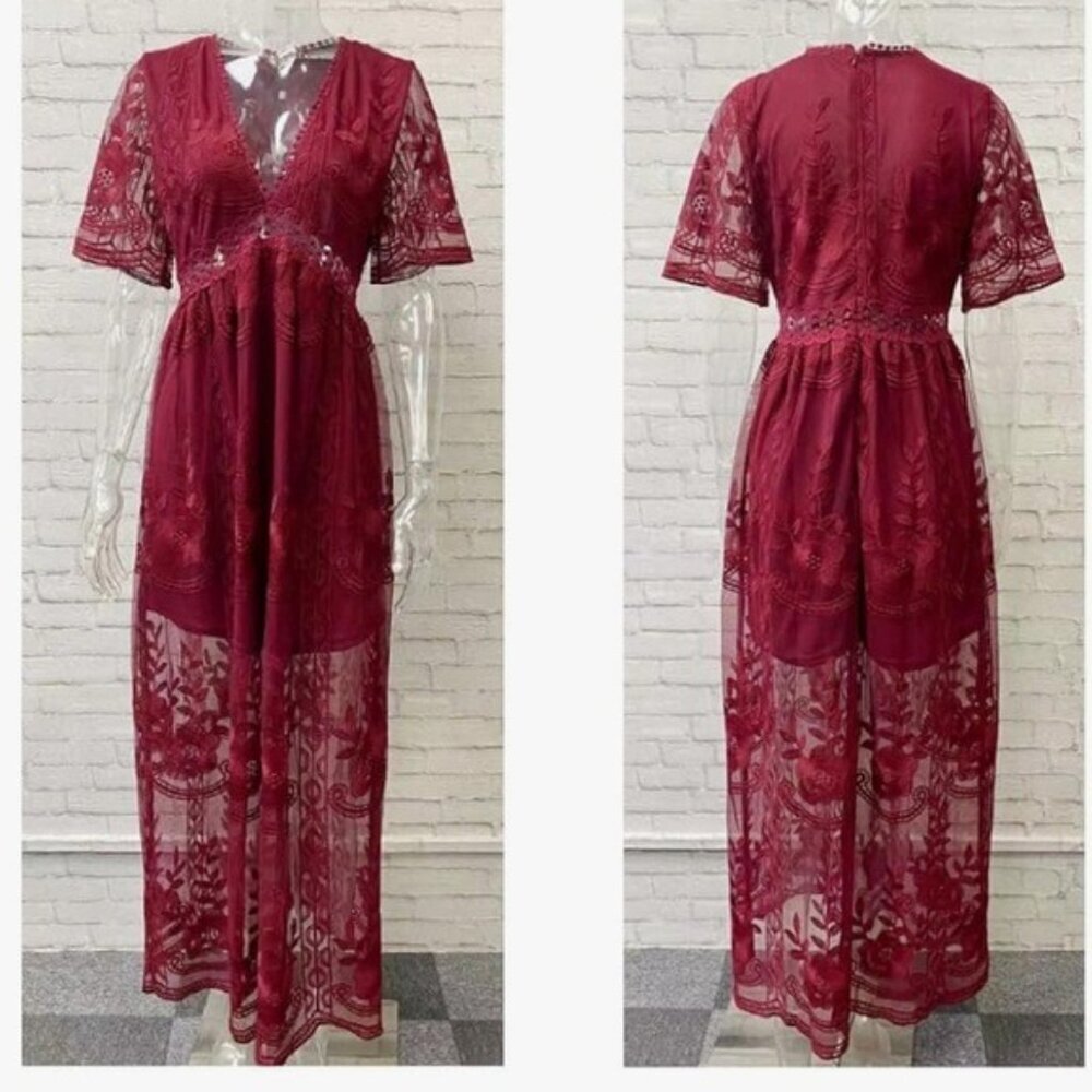 Southern Fried Chics Red Lace Maxi Dress XS NWT Romantic Boho Sheer Overlay NWT - Picture 3 of 16